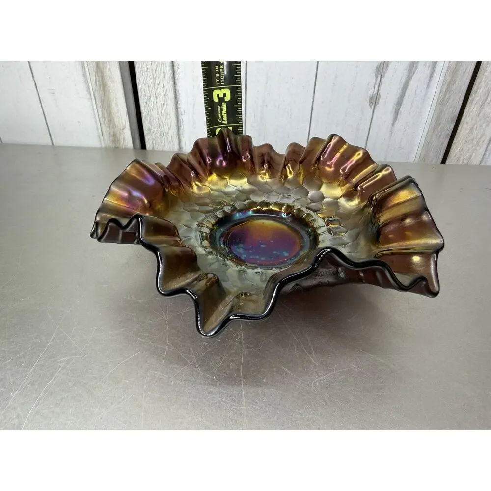 Vintage Fenton Art Glass Carnival Ruffle Edge Bowl Amethyst Purple Holographic